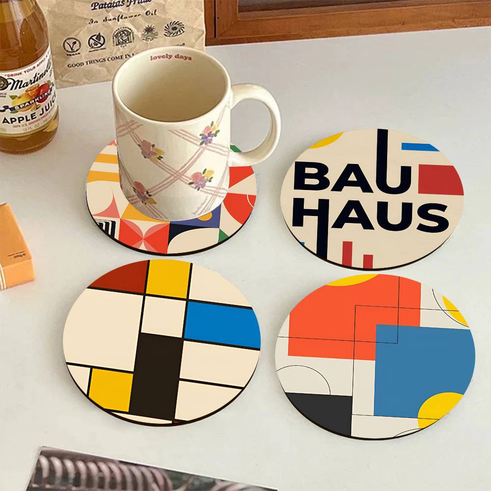 Marble Coaster Set - أكواب خشبية مستديرة بتصميم باوهاوس تجريدي،